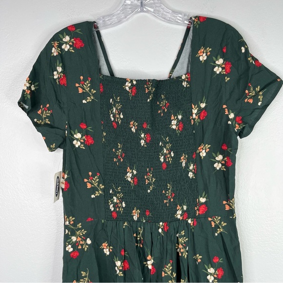 Old Navy Dress Women’s L Tall Green Red Floral V-Neck Smocked Short Sleeve Mini - Picture 9 of 12